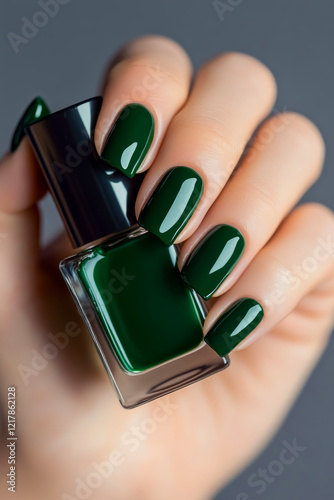 Elegant emerald green manicure showcasing a vibrant nail polish bottle against a contrasting gray backdrop perfect for festive occasions