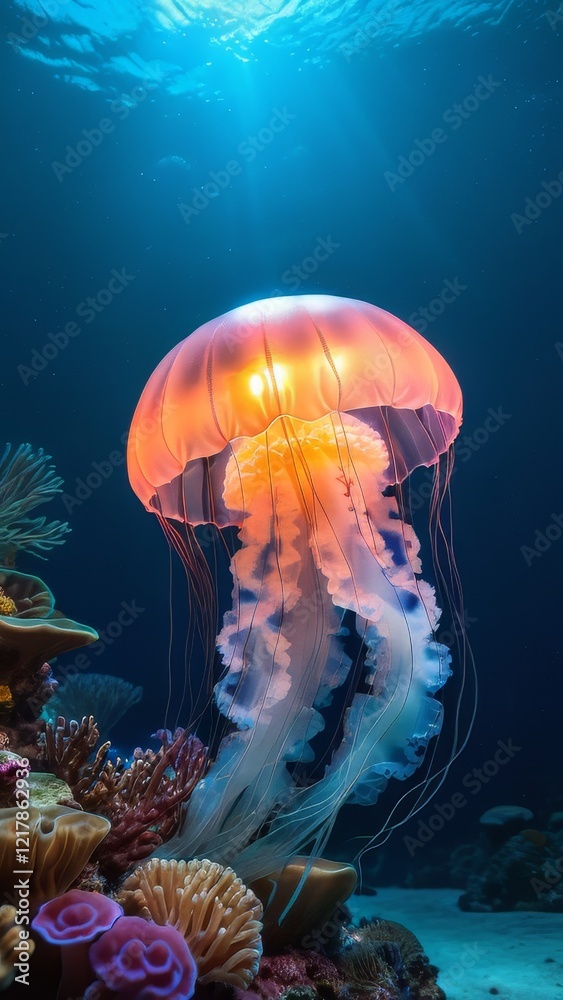 A jellyfish is floating in the ocean. The jellyfish is orange and white. The water is blue A jellyfish is floating in the ocean. The jellyfish is orange and white. The water is blue