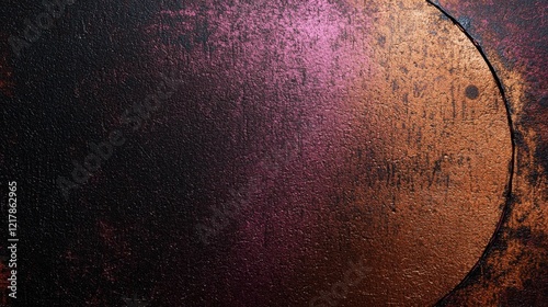 An abstract image featuring a dark textured background with a prominent circular shape in shades of bronze and purple, creating a luminous effect.