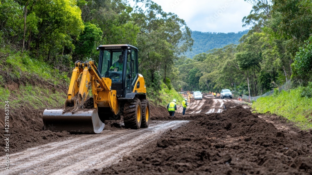 Heavy machinery operating on a construction site for road improvement surrounded by trees and workers on a cloudy day Heavy machinery operating on a construction site for road improvement surrounded by trees and workers on a cloudy day