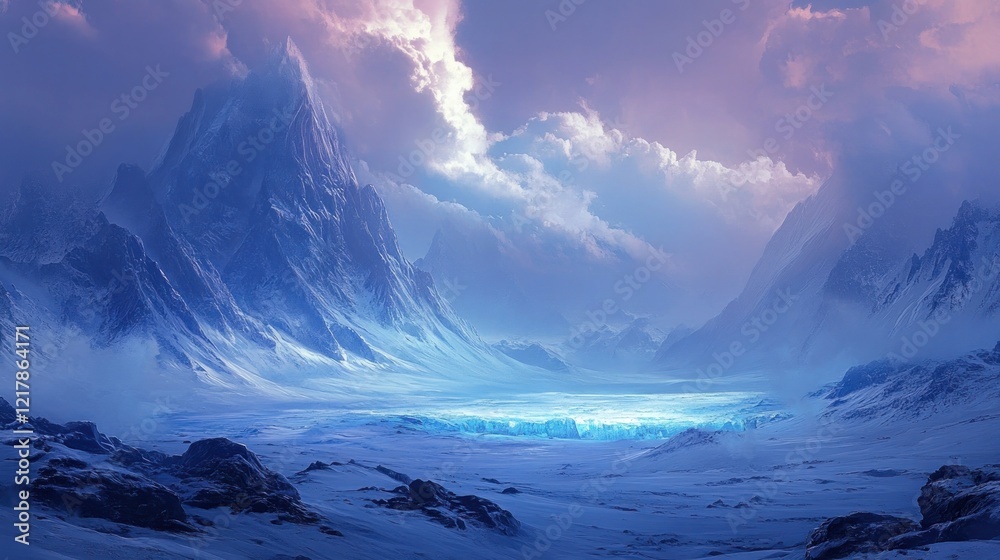 Breathtaking winter landscape with towering snow capped mountains serene glacial valley and ethereal blue tinted ice formations A remote awe inspiring scene of natural beauty and adventure Breathtaking winter landscape with towering snow capped mountains serene glacial valley and ethereal blue tinted ice formations A remote awe inspiring scene of natural beauty and adventure