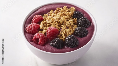 Plain white background showcasing a bowl of smoothie topped with granola and berries