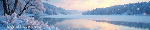 Frosty morning landscape with snowflakes gently falling on a frozen lake, peaceful landscape, frosty landscape