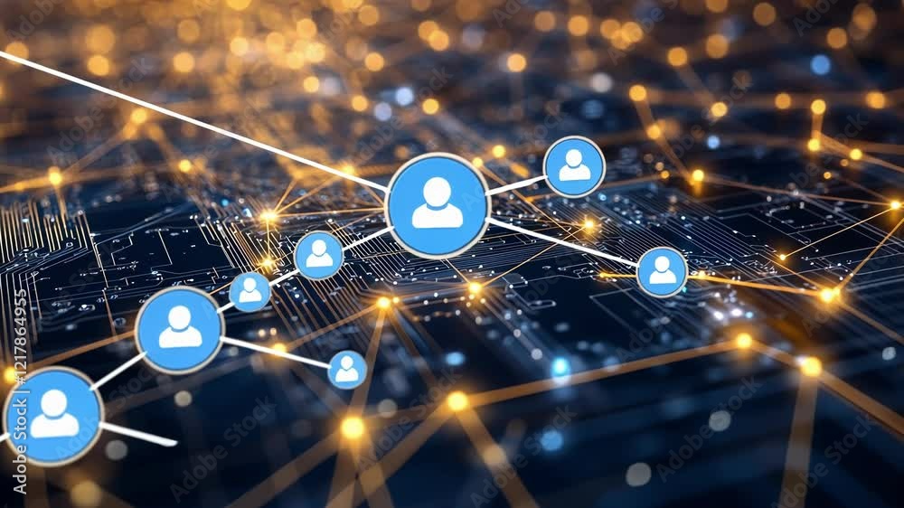 Electronic circuit board with glowing network nodes transferring data, creating a futuristic technological background ideal for big data, internet, and computer science concepts
