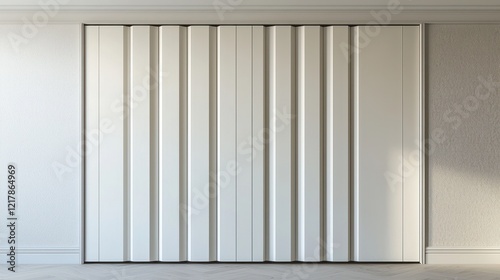 A bright room design with white walls and fluted wardrobe doors, adding texture and  to the space.