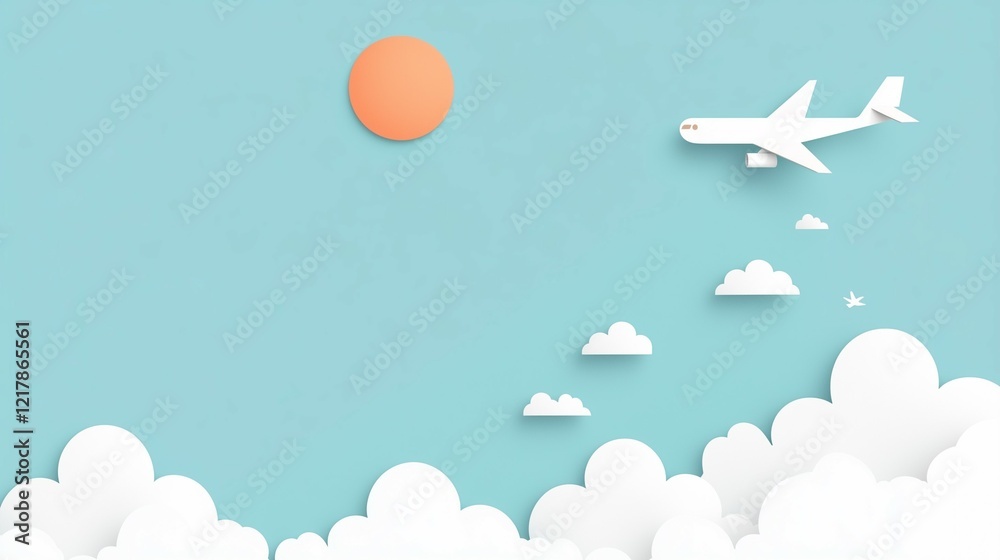 Airplane Flying Above Clouds in Minimalist Style Airplane Flying Above Clouds in Minimalist Style