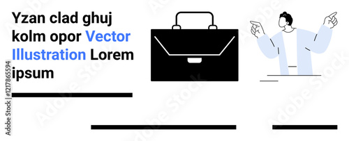 Black briefcase centered with text on the left. Individual pointing outward on the right. Ideal for business, corporate, marketing, presentations, educational materials, infographics, website