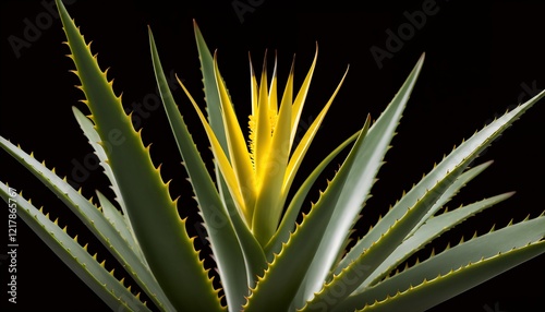 Green aloe plant adorned with yellow flowers. Black background