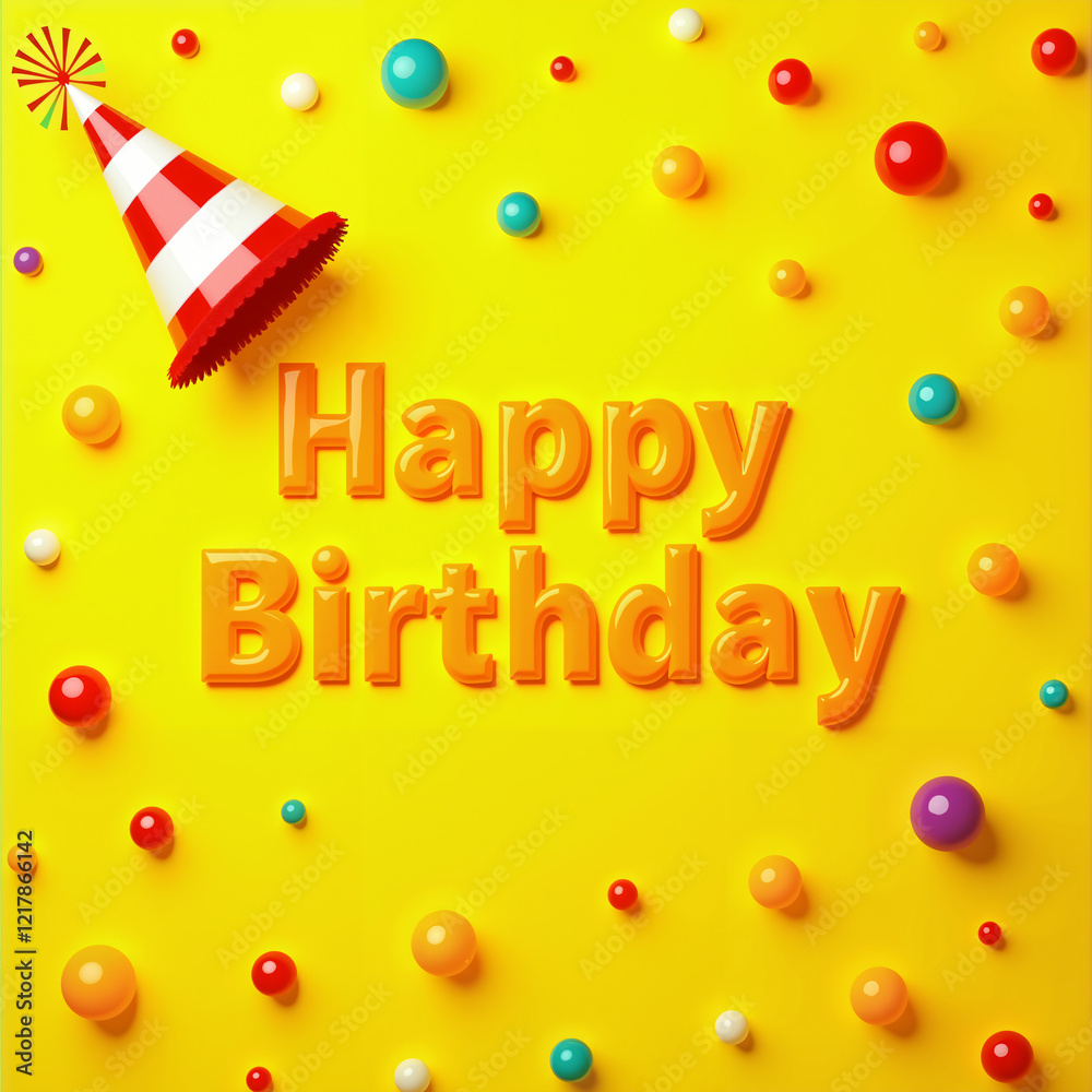 Fototapeta premium Birthday card with a red and white striped party hat on a yellow background, surrounded by colorful balls in red, orange, blue, and purple, featuring the text Happy Birthday in orange letters.