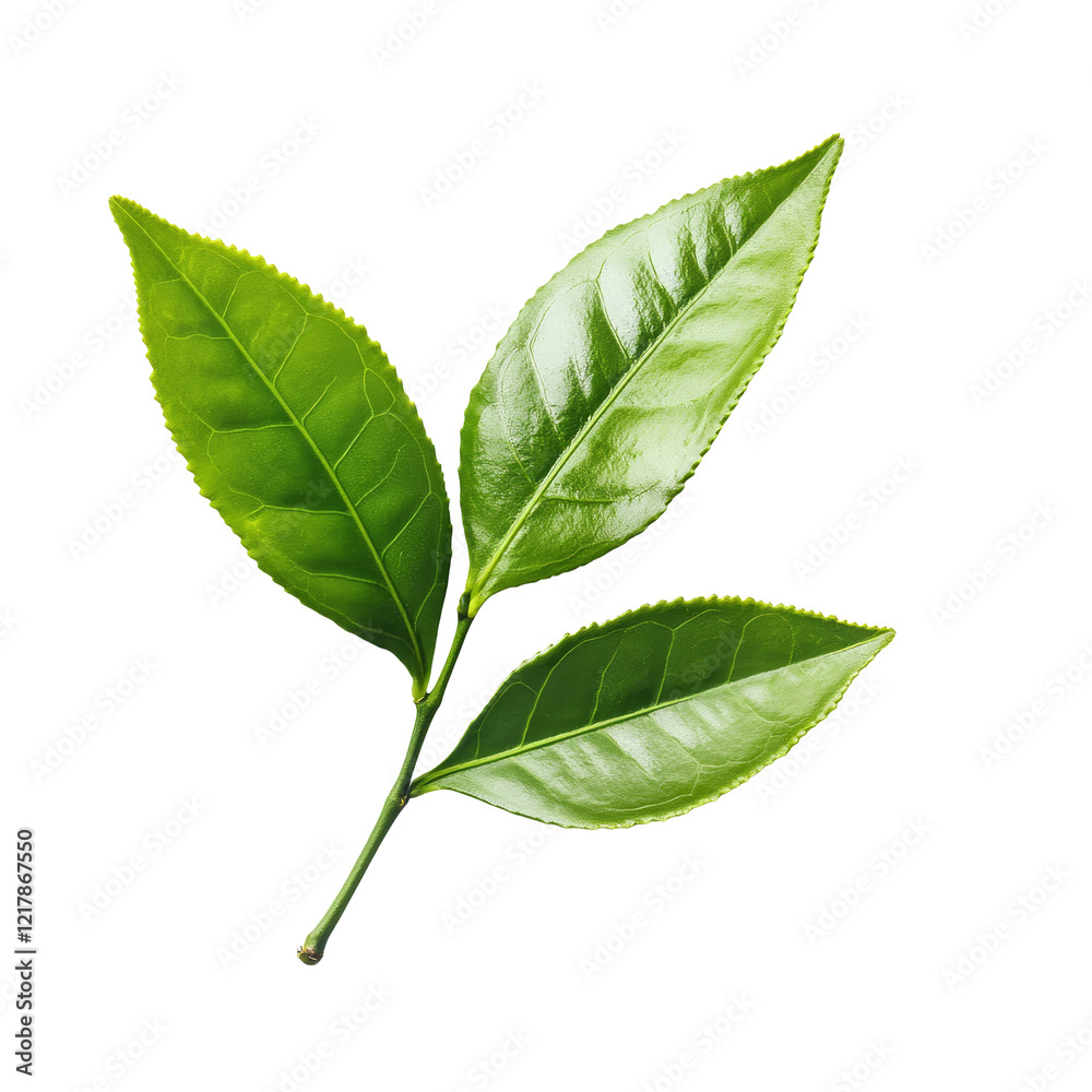 Fototapeta premium Fresh green tea leaves on a transparent background, highlighting their vibrant color and natural texture, tea leaf on transparent background
