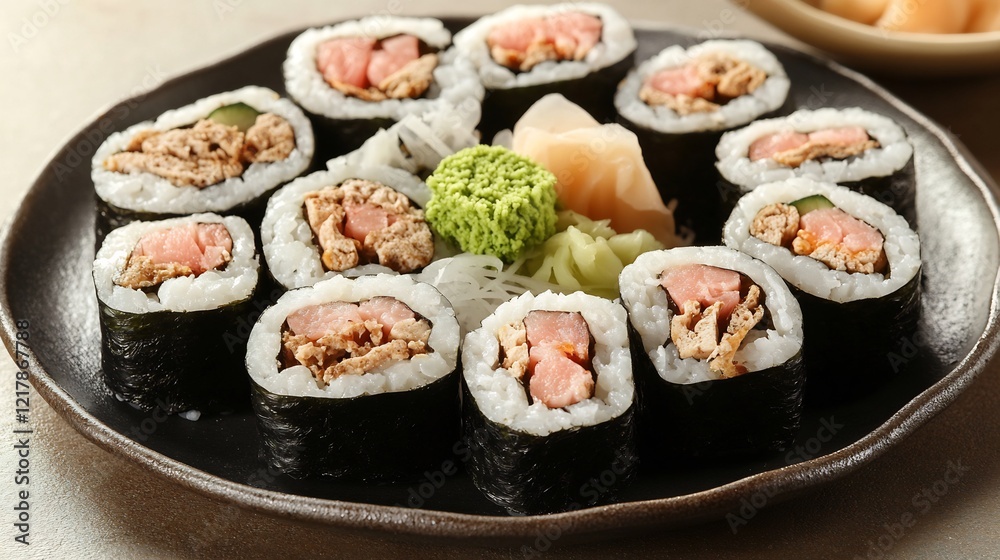 Plate of sushi rolls with assorted fillings garnished with wasabi and pickled ginger Plate of sushi rolls with assorted fillings garnished with wasabi and pickled ginger
