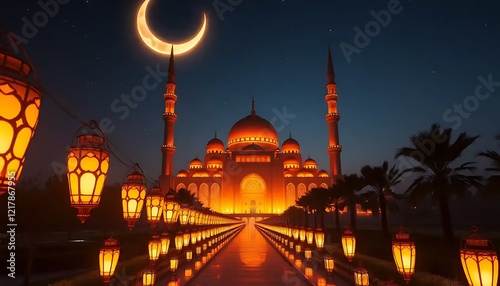 Illuminated Mosque at Night Under Crescent Moon