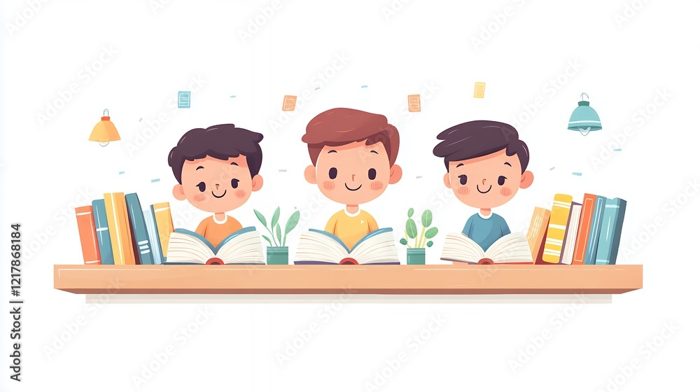 Three Boys Reading Books at a Wooden Table Surrounded by Colorful Books and Plants in a Cozy Setting Three Boys Reading Books at a Wooden Table Surrounded by Colorful Books and Plants in a Cozy Setting