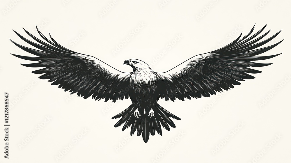 Fototapeta premium Majestic eagle soaring, wings spread, white background, graphic design element