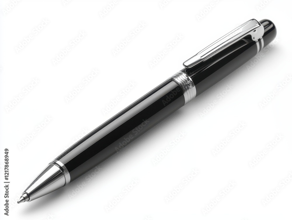 A sleek black pen with silver accents, designed for writing and signing. A sleek black pen with silver accents, designed for writing and signing.
