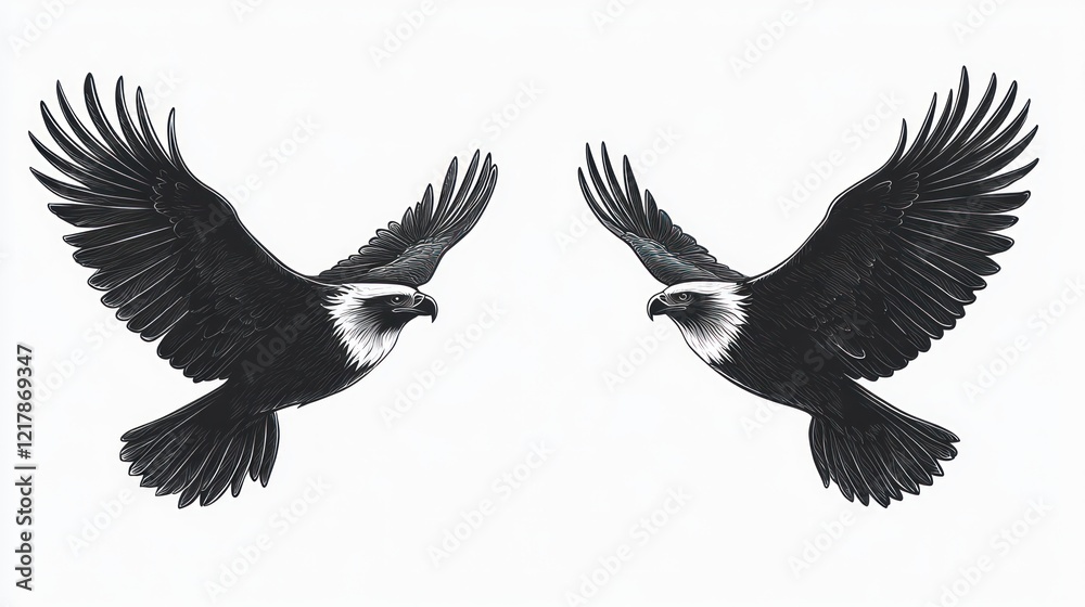 Obraz premium Two eagles soaring, white background, wildlife art, design element