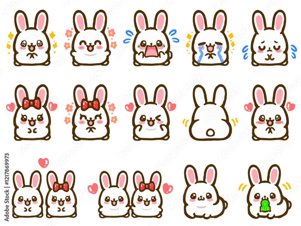 Obraz premium 色々なポーズのかわいいウサギの落書き風イラスト素材セット