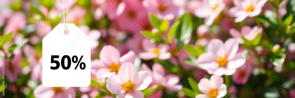 Obraz premium Spring flowers in soft pink hues with a pricing tag, conveying a sense of freshness and renewal, symbolizing sales during the blooming season, surrounded by vivid greenery
