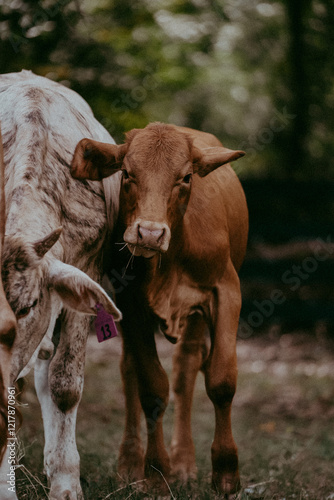 cow and calf walking in the pasture