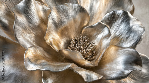a mesmerizing close-up of abstract metallic flowers, layered and curling petals in champagne gold and matte silver hues, textured surfaces