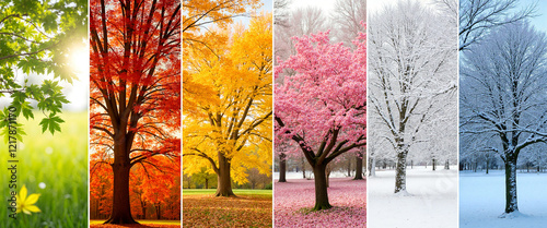 Natural cycles rhythm represented by colorful trees in different seasons showcasing vibrant foliage and snow, with a bright sunlight backdrop illuminating each transition