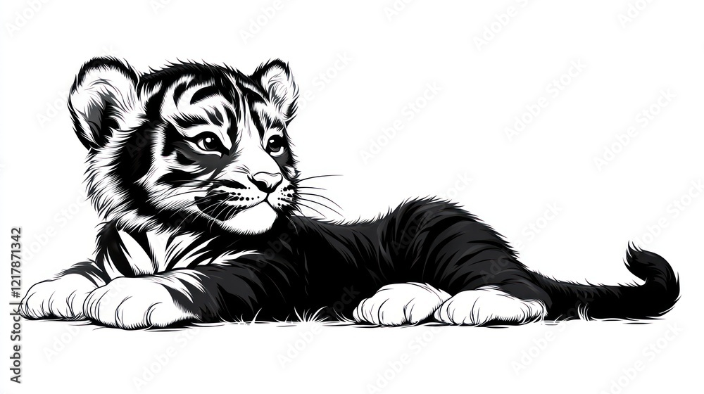 Fototapeta premium Cub tiger resting, monochrome illustration, white background, wildlife art