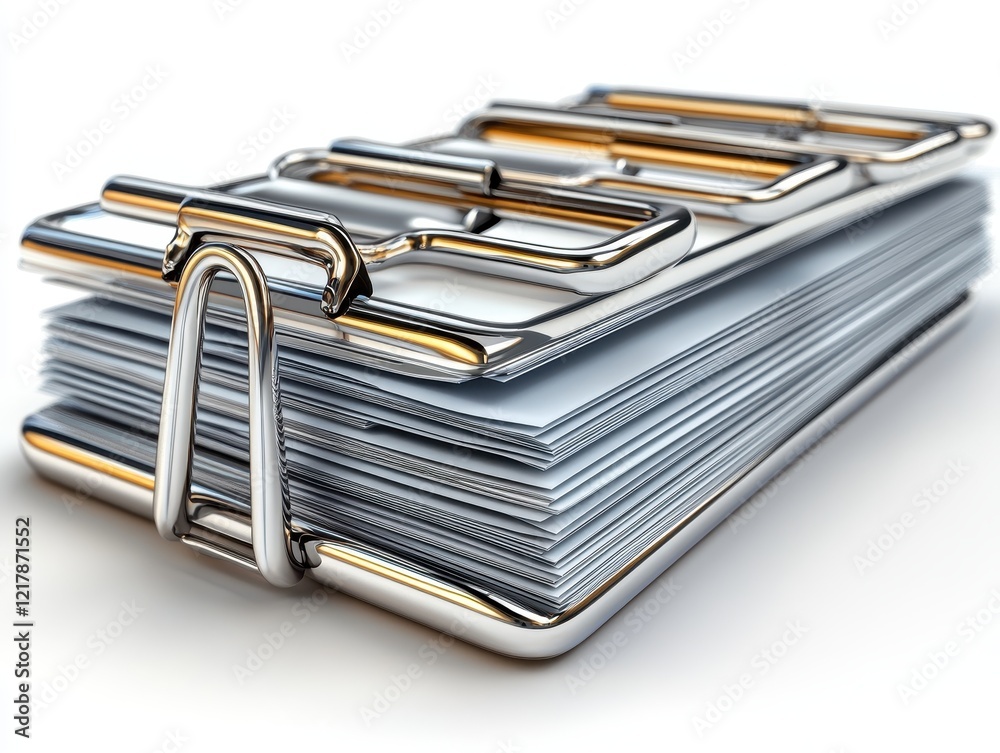 A stack of papers secured with a metallic binder clip for organization. A stack of papers secured with a metallic binder clip for organization.