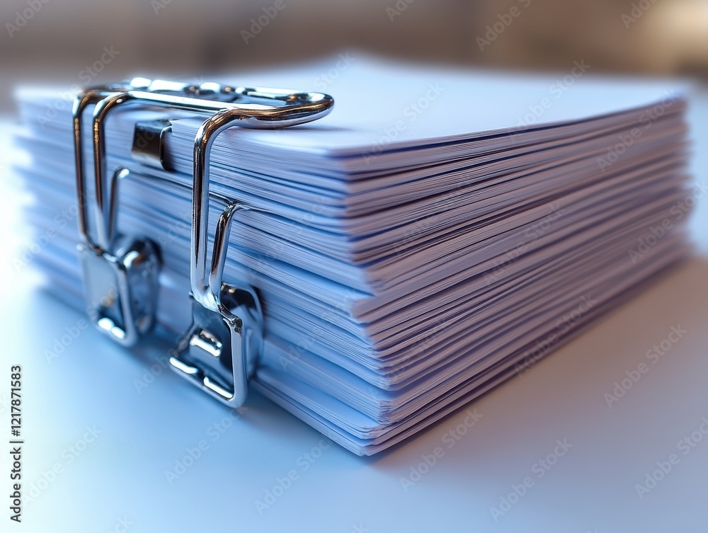 A stack of neatly organized papers secured with a binder clip. A stack of neatly organized papers secured with a binder clip.