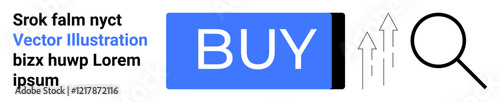 Blue BUY button, magnifying glass, three upward arrows, and placeholder text. Ideal for online shopping, marketing, business growth, search, product discovery, sales, conversions. Landing page