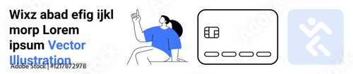 Woman in blue shirt pointing, large credit card icon with chip and three lines, and security shield with running figure. Ideal for finance, online payment, e-commerce, security, tech, business