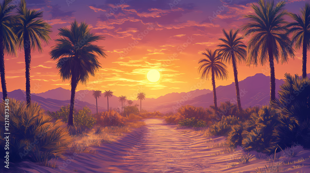 Fototapeta premium A serene desert oasis with palm tree lined path at sunset. Sunset Oasis. Illustration