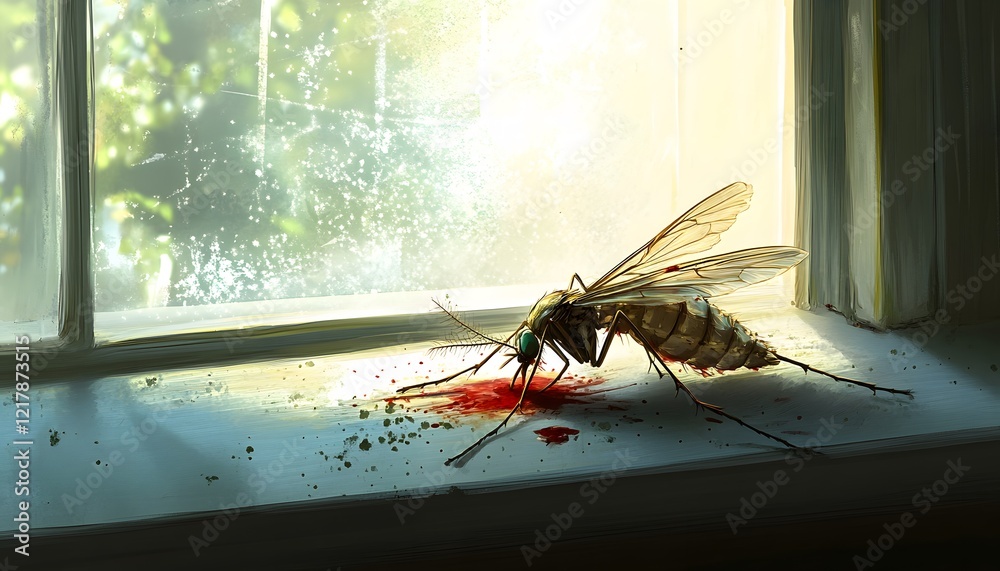 Naklejka premium Mosquito Slain Blood Spilled Windowsill Sunlight