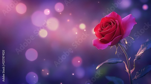 Red rose with pink petals glowing in a dreamy purple bokeh background symbolizing love passion and celebration for Valentines or a wedding anniversary