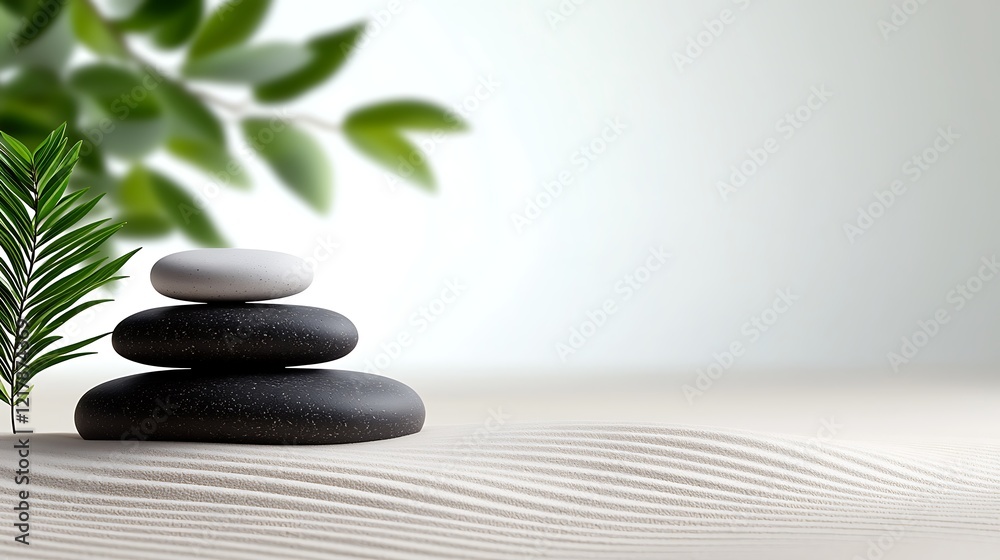 Serene Stacked Stones on Sand with Green Leaves A Peaceful Zen Garden Setting Serene Stacked Stones on Sand with Green Leaves A Peaceful Zen Garden Setting