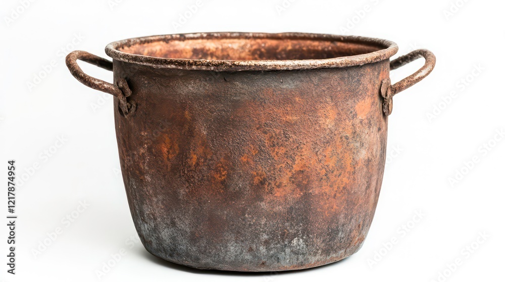 Old rusty metal pot on white background, aged cooking utensil. Old rusty metal pot on white background, aged cooking utensil.