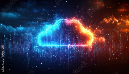Wallpaper Mural A glowing digital cloud icon in cyberspace, surrounded by a storm blue and red binary data, symbolizing the dynamic nature modern data storage Torontodigital.ca