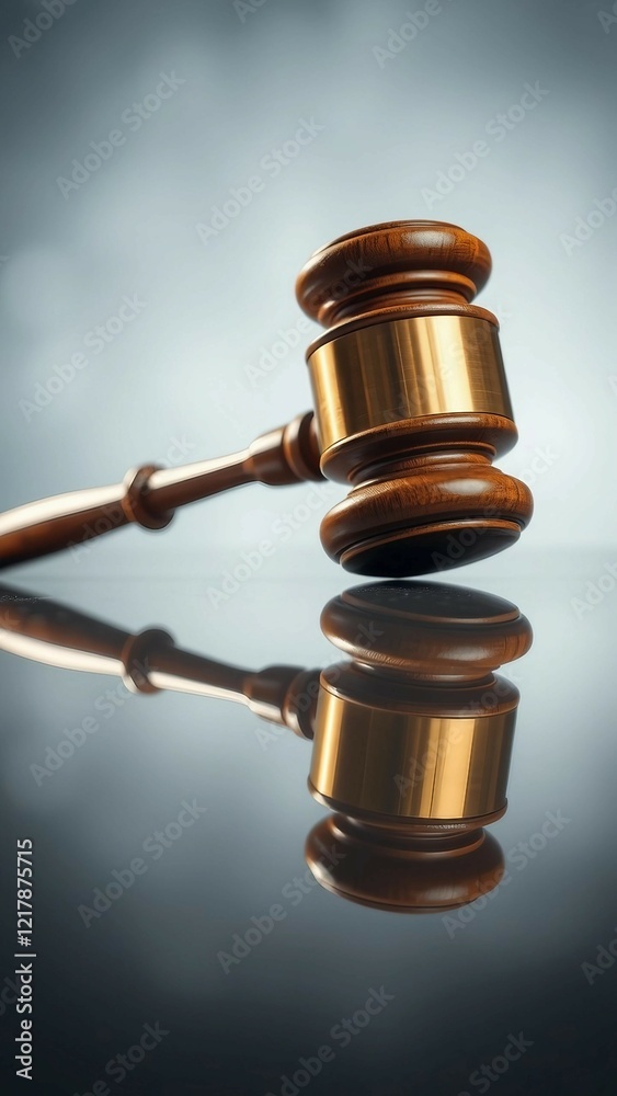 Vertical close-up of a wooden judge gavel on a reflective surface side view symbolizing judicial aut Vertical close-up of a wooden judge gavel on a reflective surface side view symbolizing judicial aut
