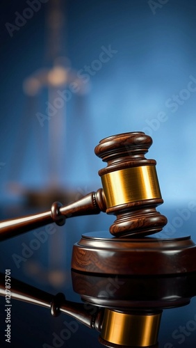 Vertical close-up of a wooden judge gavel on a reflective surface side view symbolizing judicial aut photo