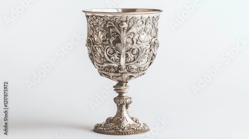 Ornate silver goblet with intricate engravings on a white background photo