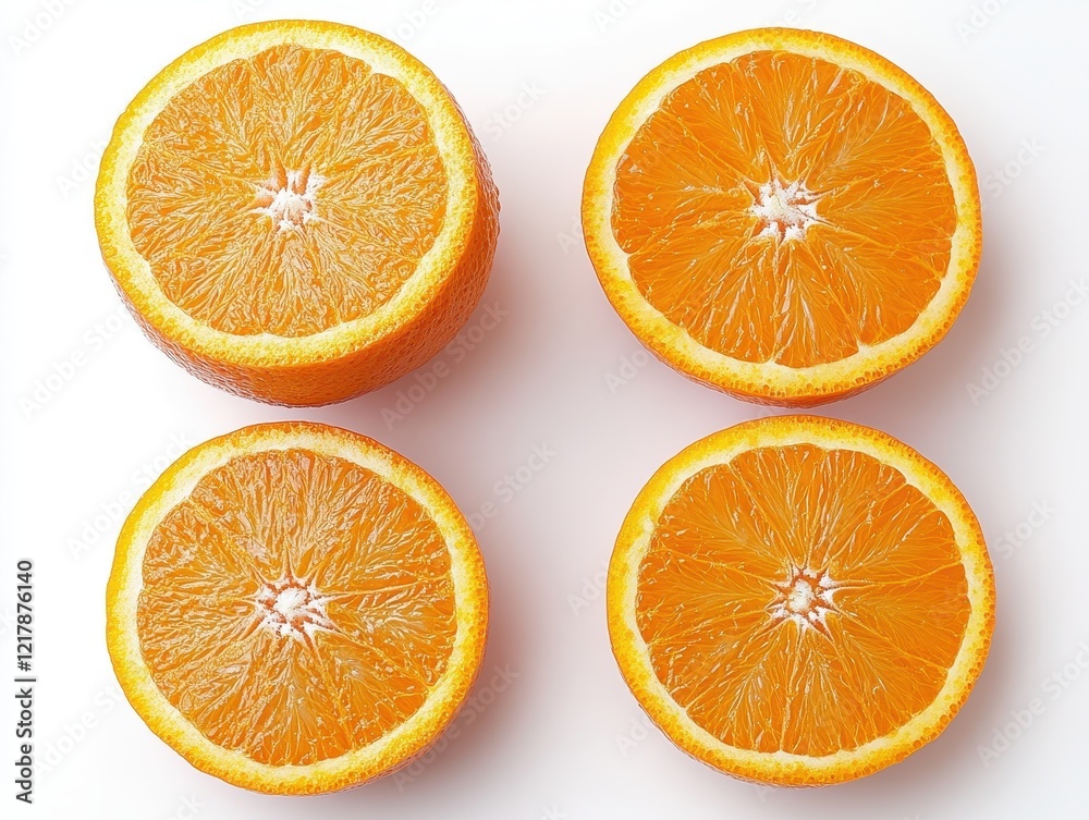 Fototapeta premium Four halved oranges displayed on a white surface.