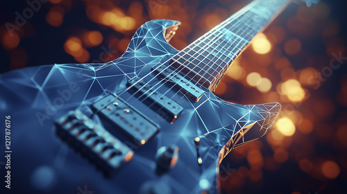 An image of guitar. Guitar, close, up, instrument glare, light, origami, design. Origami design with glare and light. Close up of a guitar with a glare of light up and a glare lifestyle instrument.