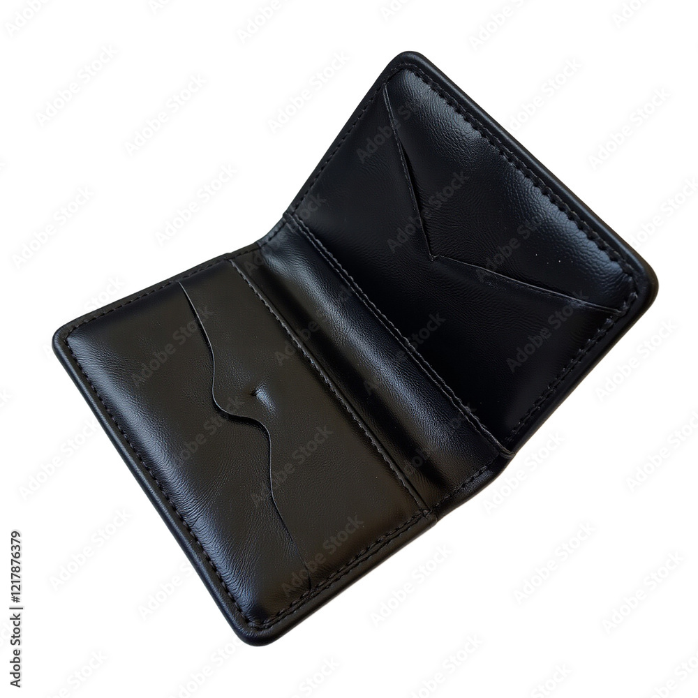 Black leather wallet with detailed stitching on white background