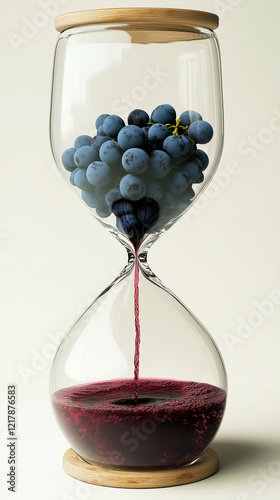 Glass Hourglass with Grapes and Red Wine