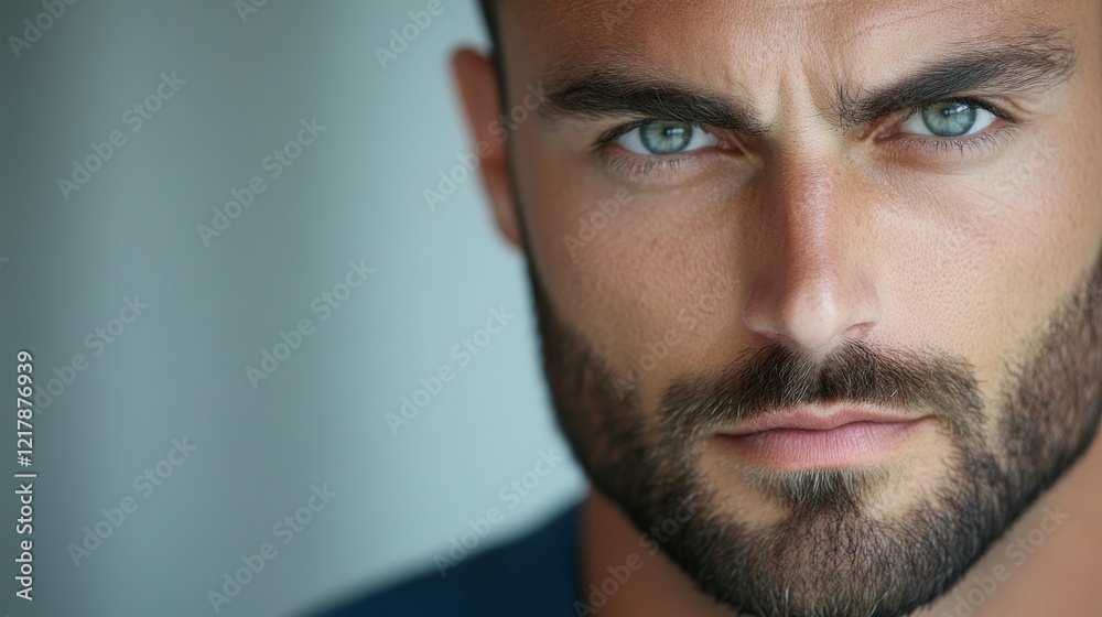 Intense close-up of a bearded man with vibrant blue eyes, showcasing captivating features and strong expression. Intense close-up of a bearded man with vibrant blue eyes, showcasing captivating features and strong expression.