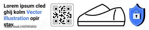QR code, shoe outline, blue shield with lock. Ideal for identification, security, technology, retail, e-commerce, verification, and online safety. Perfect for promotional materials. Landing page