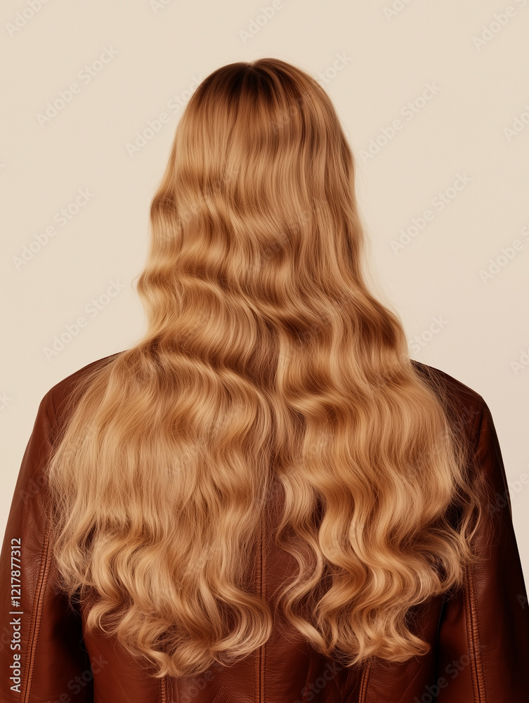 Fototapeta premium Rear View of Wavy Blonde Hair and Brown Leather Jacket