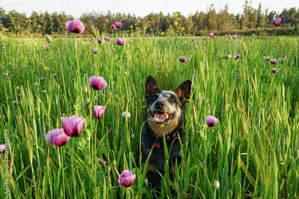 Cute australian cattle dog jumping in a field of long grass and pink flowers