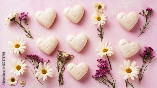 Romantic bouquet of heart shaped flowers placed on a soft pink background perfect for celebrating Valentines Day