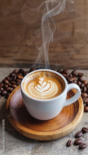 Aromatic Steam Rises from a Perfectly Crafted Latte in a White Cup, Surrounded by Coffee Beans on a Rustic Wooden Table