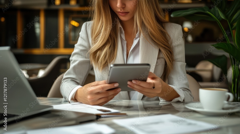 Businesswoman working with digital tablet in an elegant office space with a coffee nearby Businesswoman working with digital tablet in an elegant office space with a coffee nearby